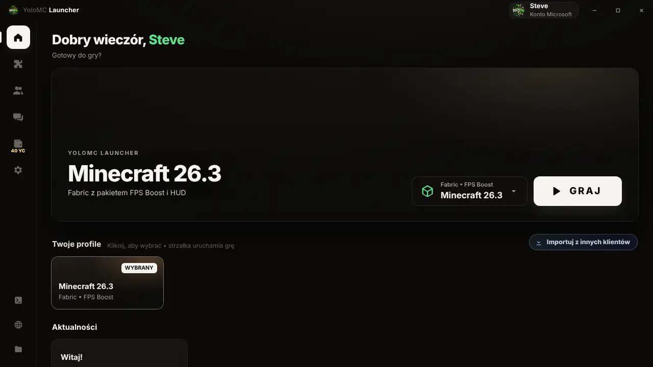 Launcher Yolo Client – ekran główny